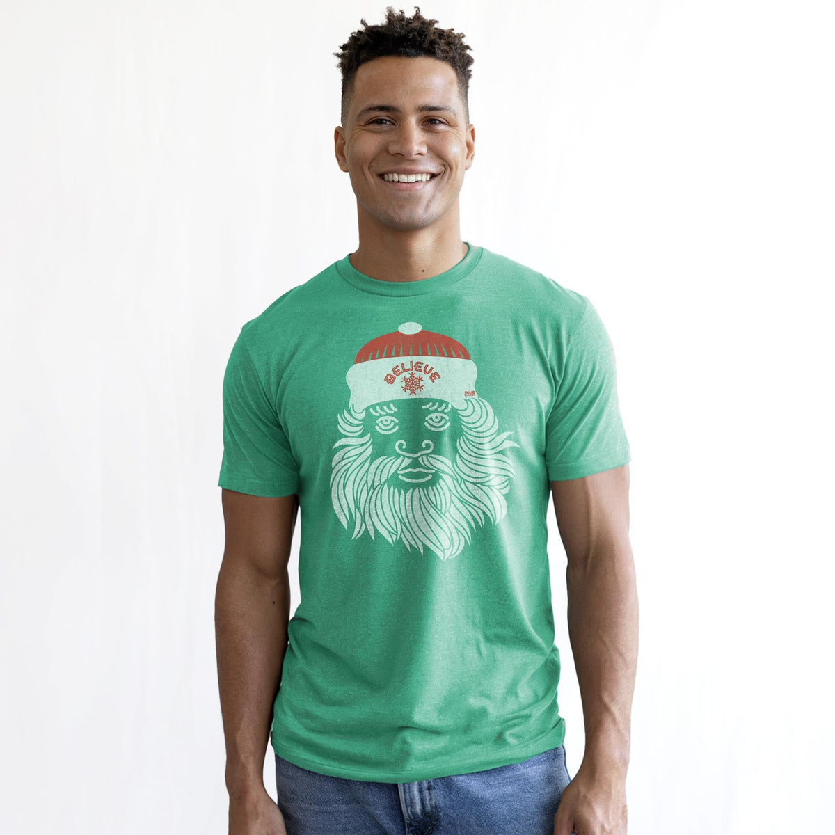 Believe In Santa Cool Staple T-shirt in Kelly Heather On Model - Front View