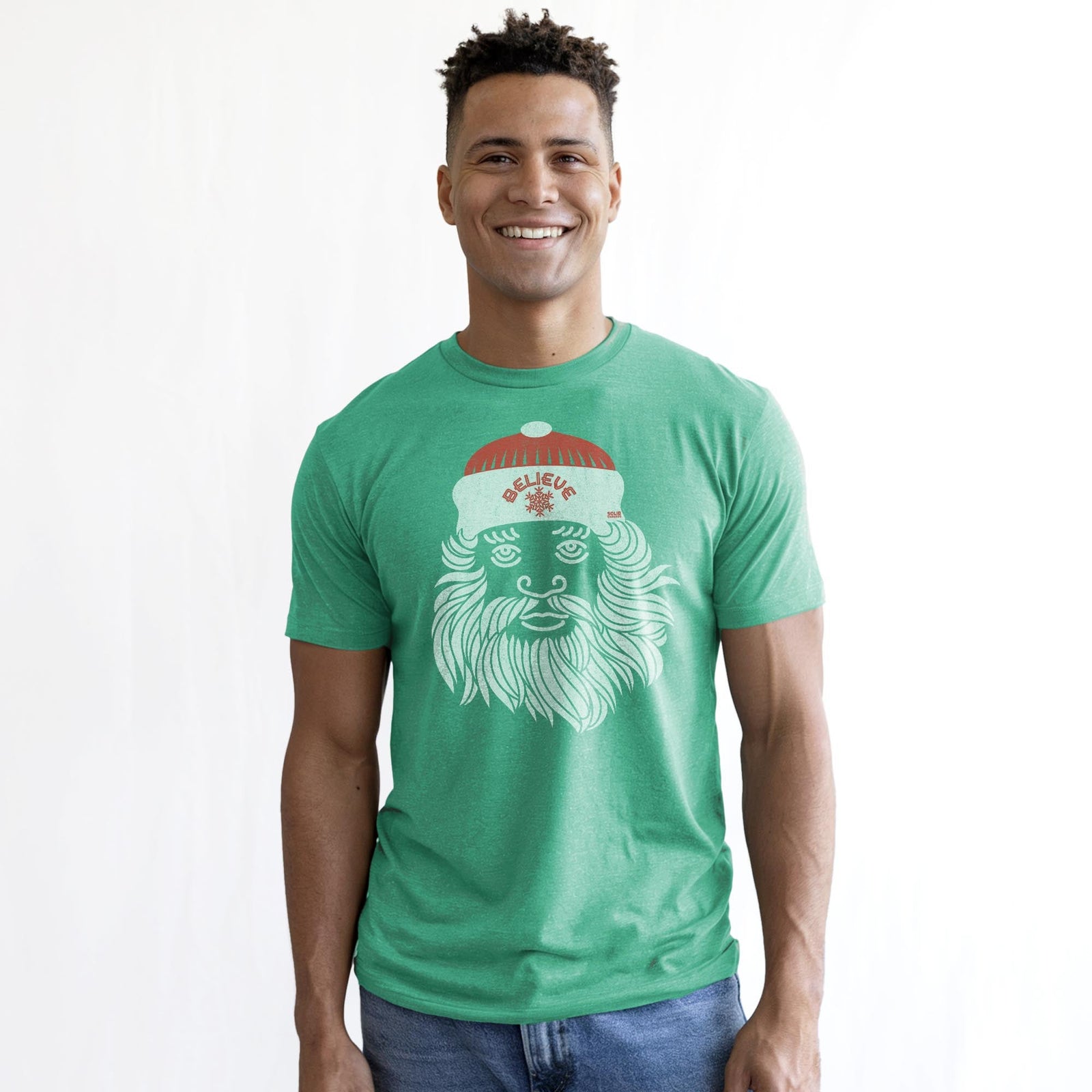 Believe In Santa Cool Staple T-shirt in Kelly Heather On Model - Front View