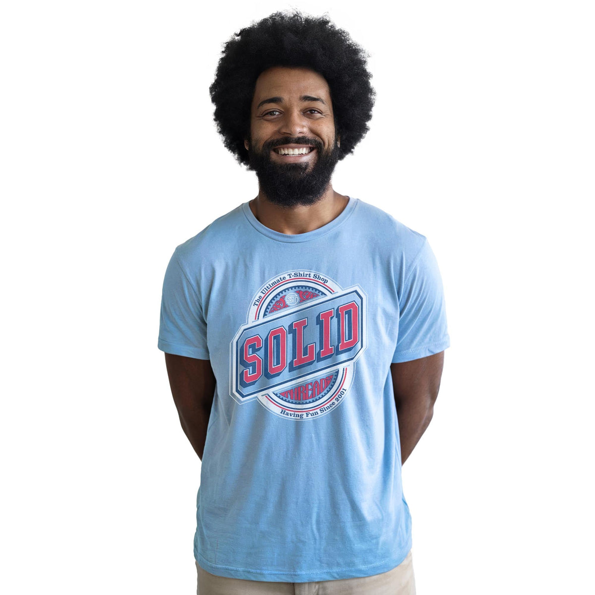 Solid Threads Beer Label Logo Cool Staple T-shirt in Light Blue Heather On Model - Front View