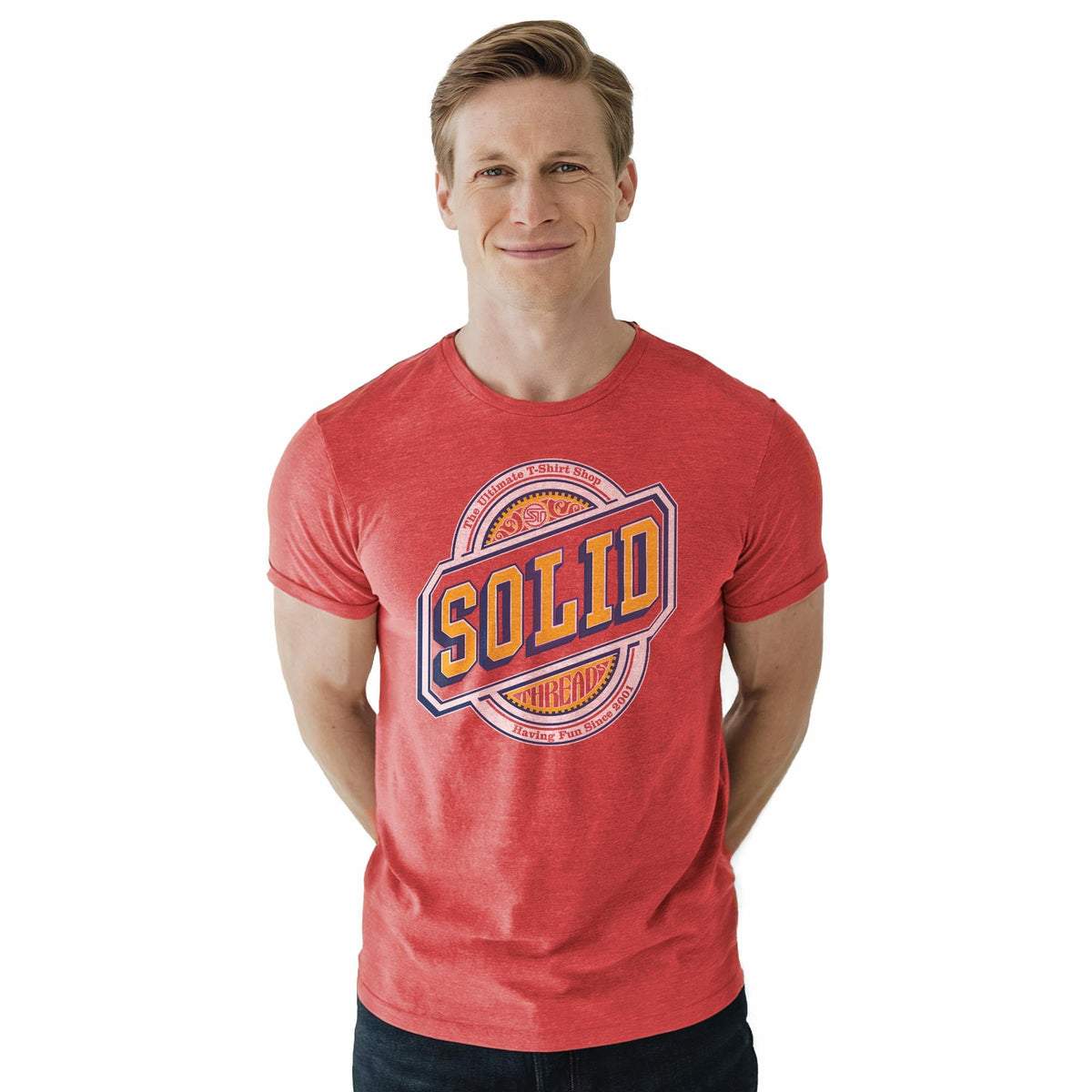 Solid Threads Beer Label Logo Cool Staple T-shirt in Red Heather On Model - Front View