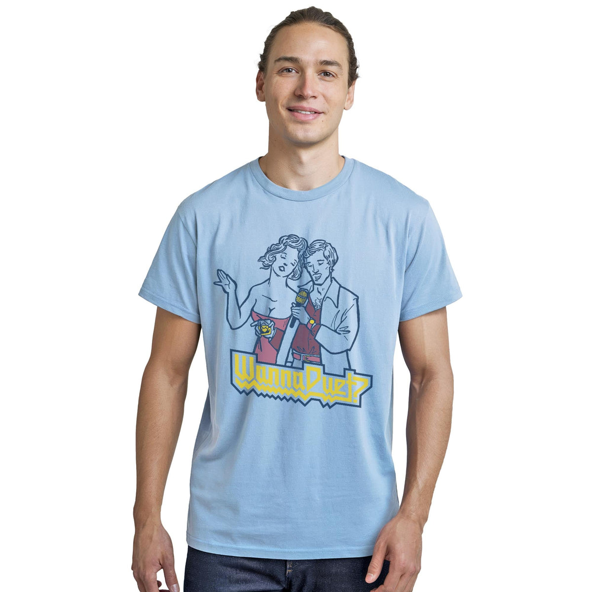 Wanna Duet Vintage Staple T-shirt in Light Blue Heather On Model - Front View