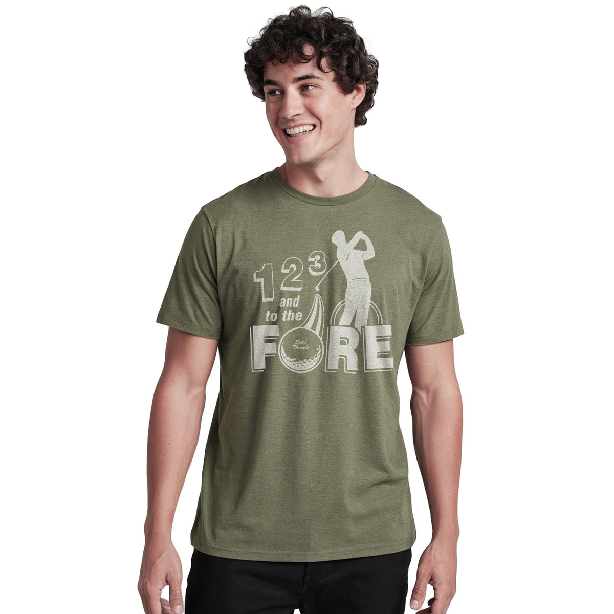 1, 2, 3, Fore Vintage Staple T-shirt in Olive Heather On Model - Front View