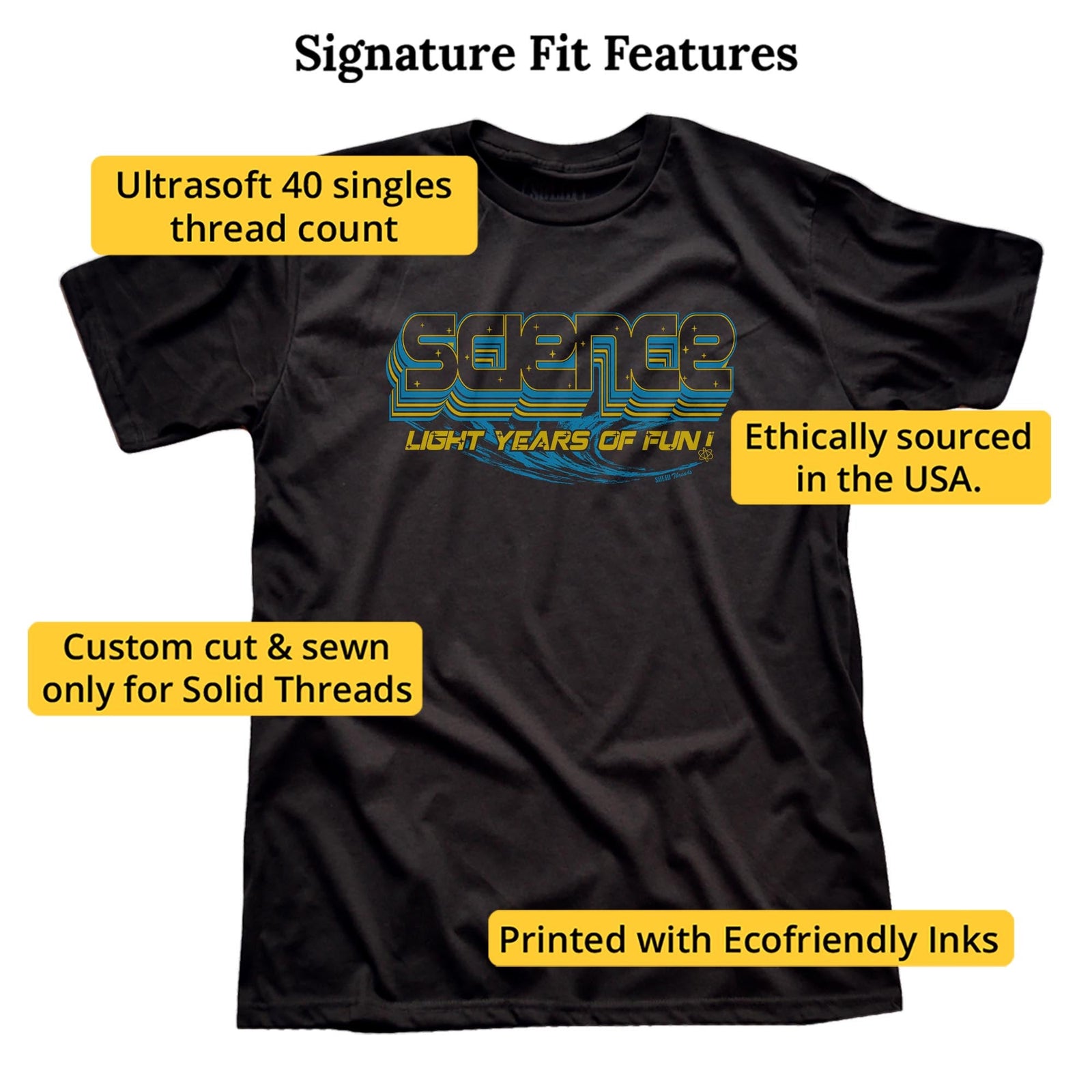 Science, Light Years Of Fun Vintage Signature T-shirt in Black - Fit Attributes