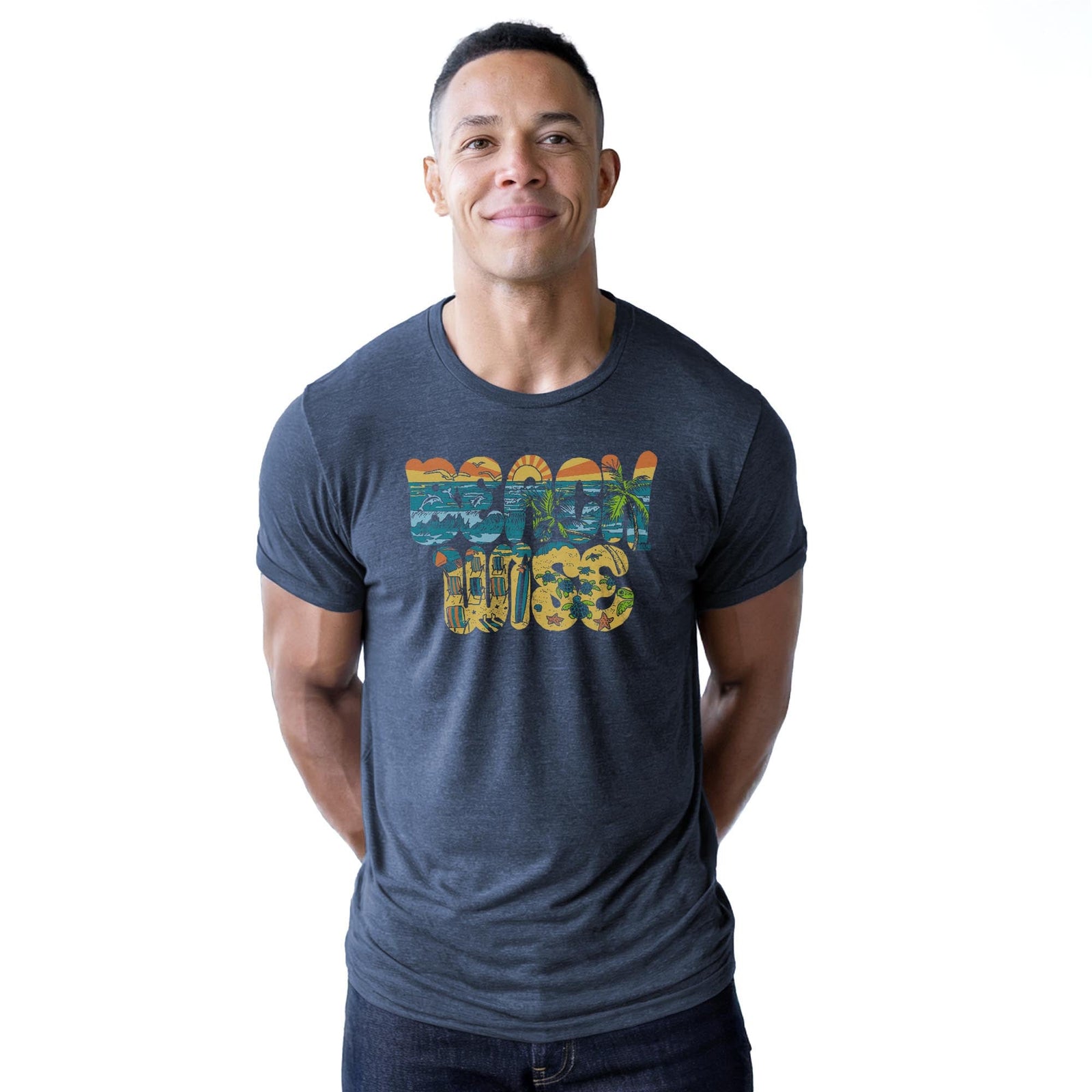Beach Wise Cool Staple T-shirt in Navy Heather On Model - Front View