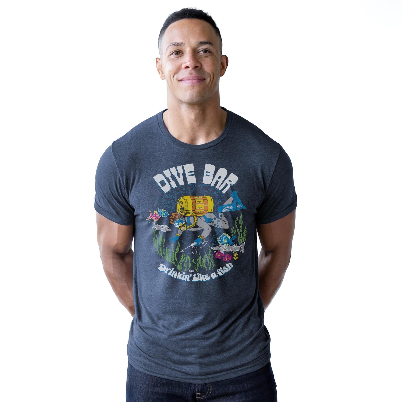 Dive Bar Vintage Staple T-shirt in Navy Heather On Model - Front View