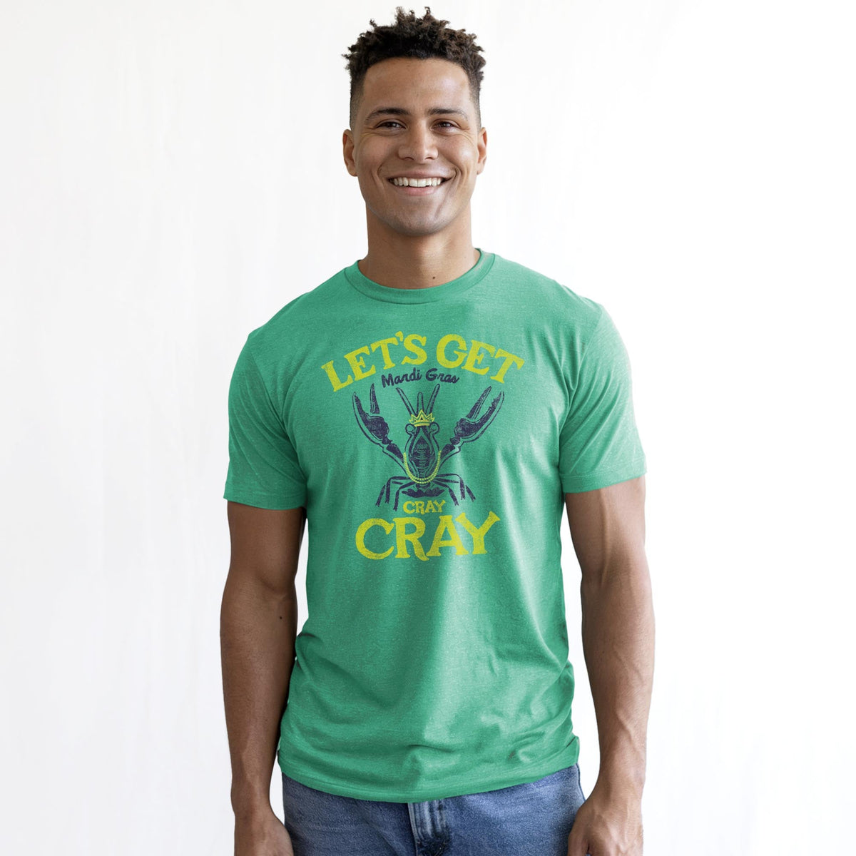 Mardi Gras Cray Vintage Staple T-shirt in Kelly Heather On Model - Front View
