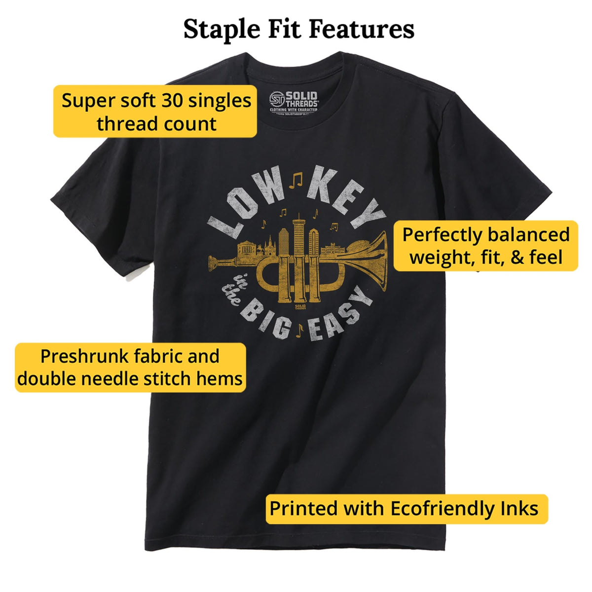 Low Key In The Big Easy Cool Staple T-shirt in Black - Fit Attributes