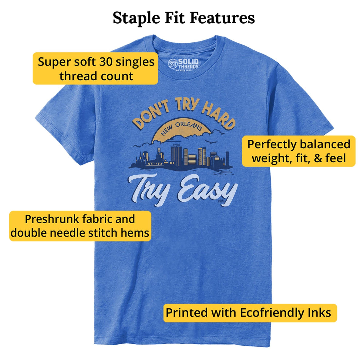 Try Big Easy Cool Staple T-shirt in Royal Heather - Fit Attributes