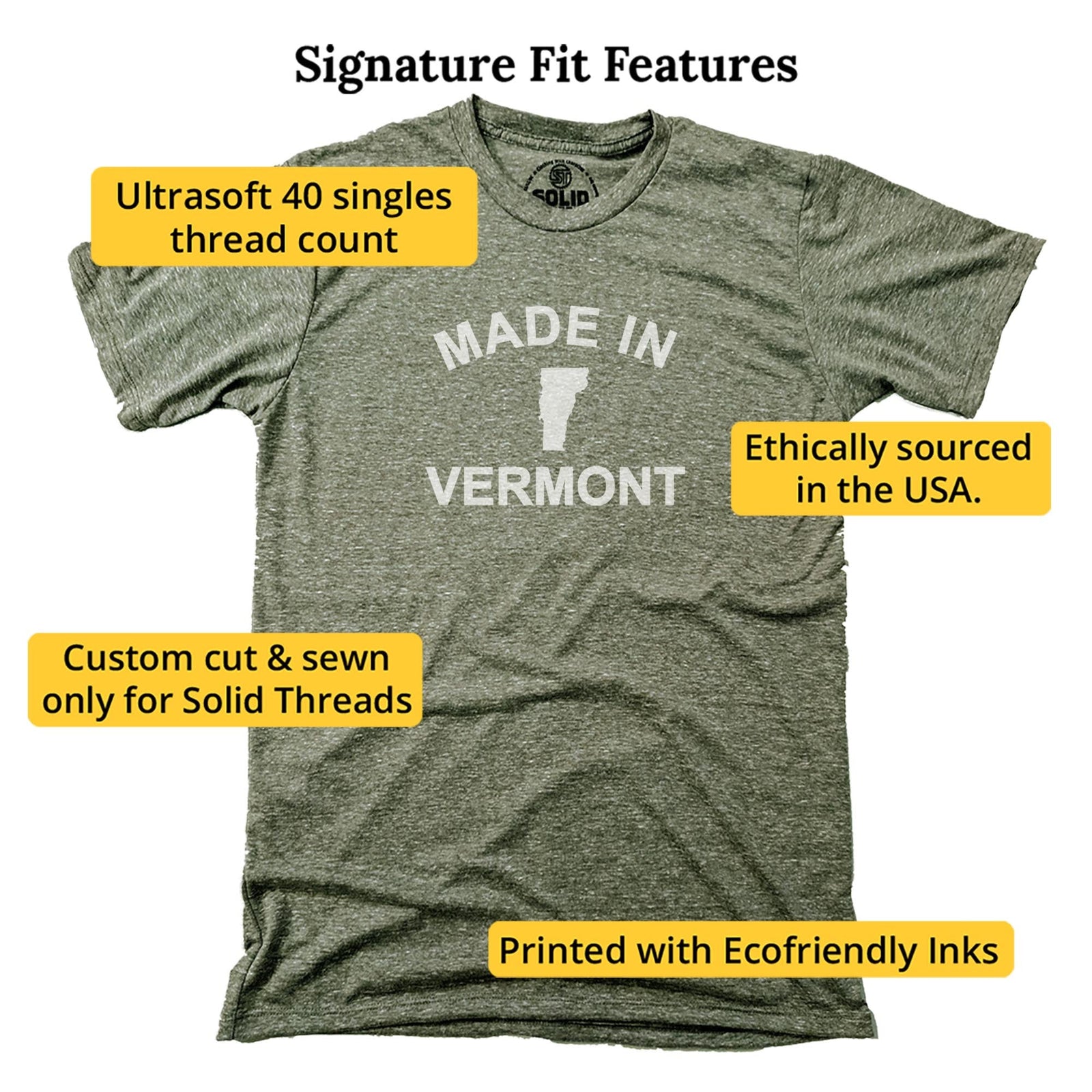 Made In Vermont Retro Signature T-shirt in Triblend Olive - Fit Attributes