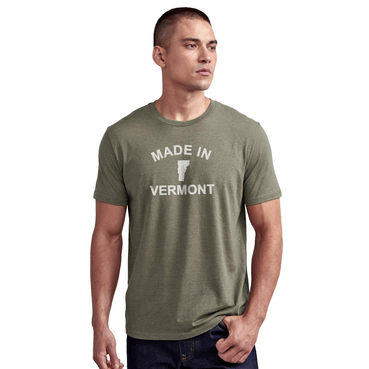 Made In Vermont Retro Staple T-shirt in Olive Heather On Model - Front View
