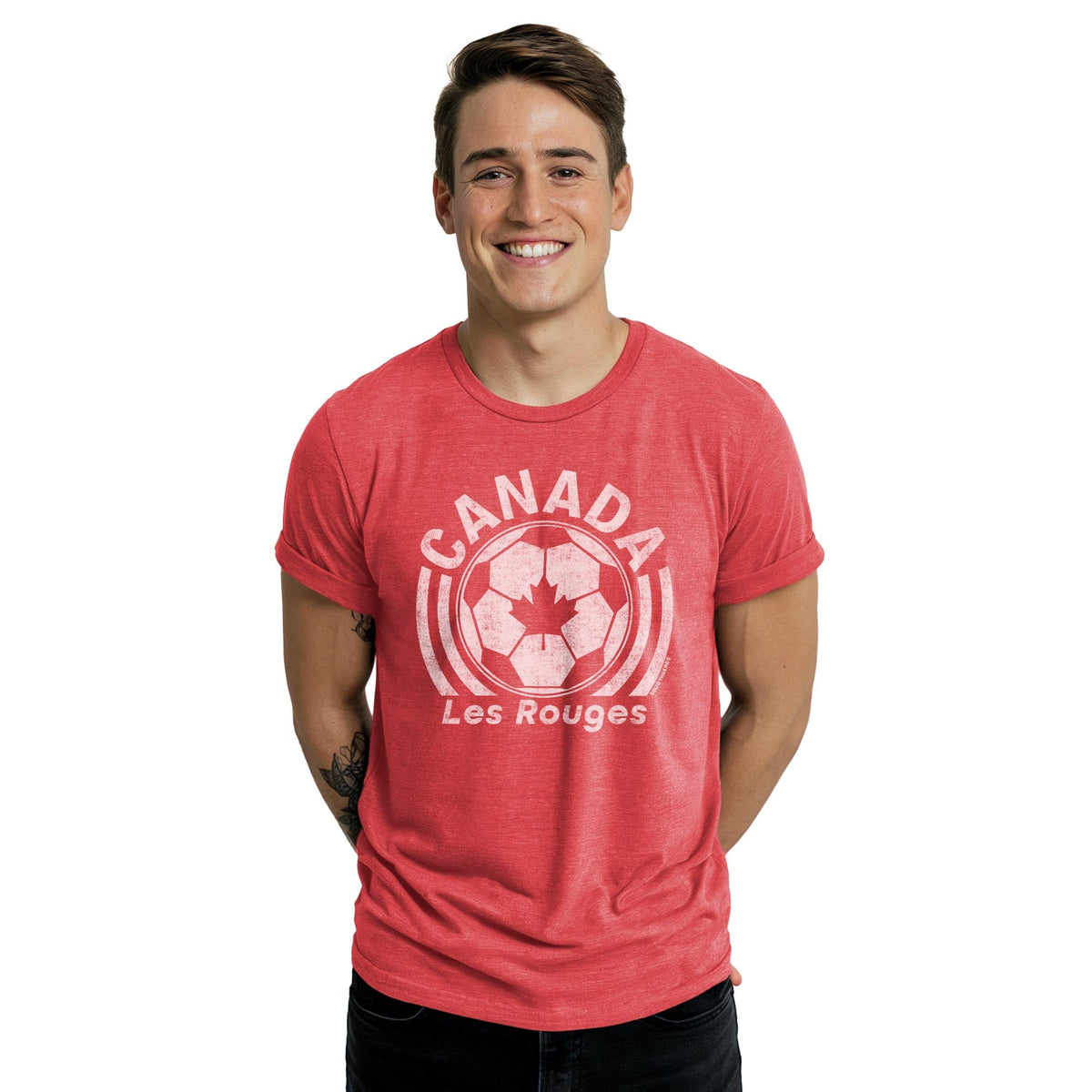 Canada National Soccer Team Cool Staple T-shirt in Red Heather On Model - Front View