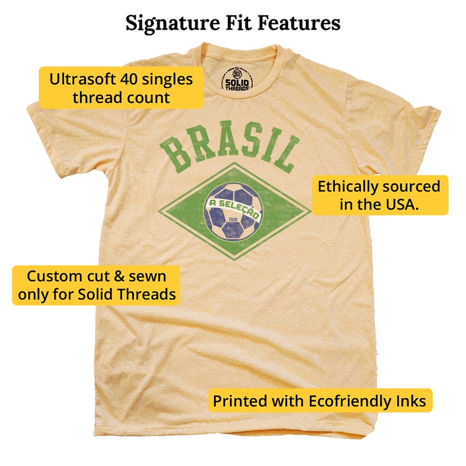 Men's Brazil National Soccer Team Retro Futbol Graphic T-Shirt | Cool Canarinho Tee | Solid Threads