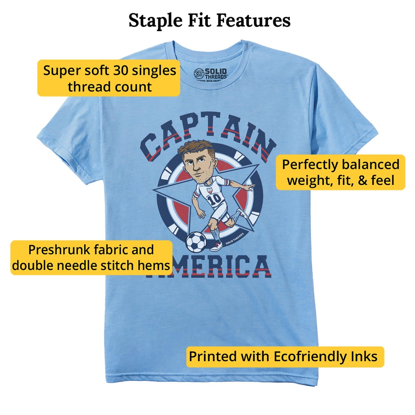 Captain America Soccer Cool Staple T-shirt in Light Blue Heather - Fit Attributes
