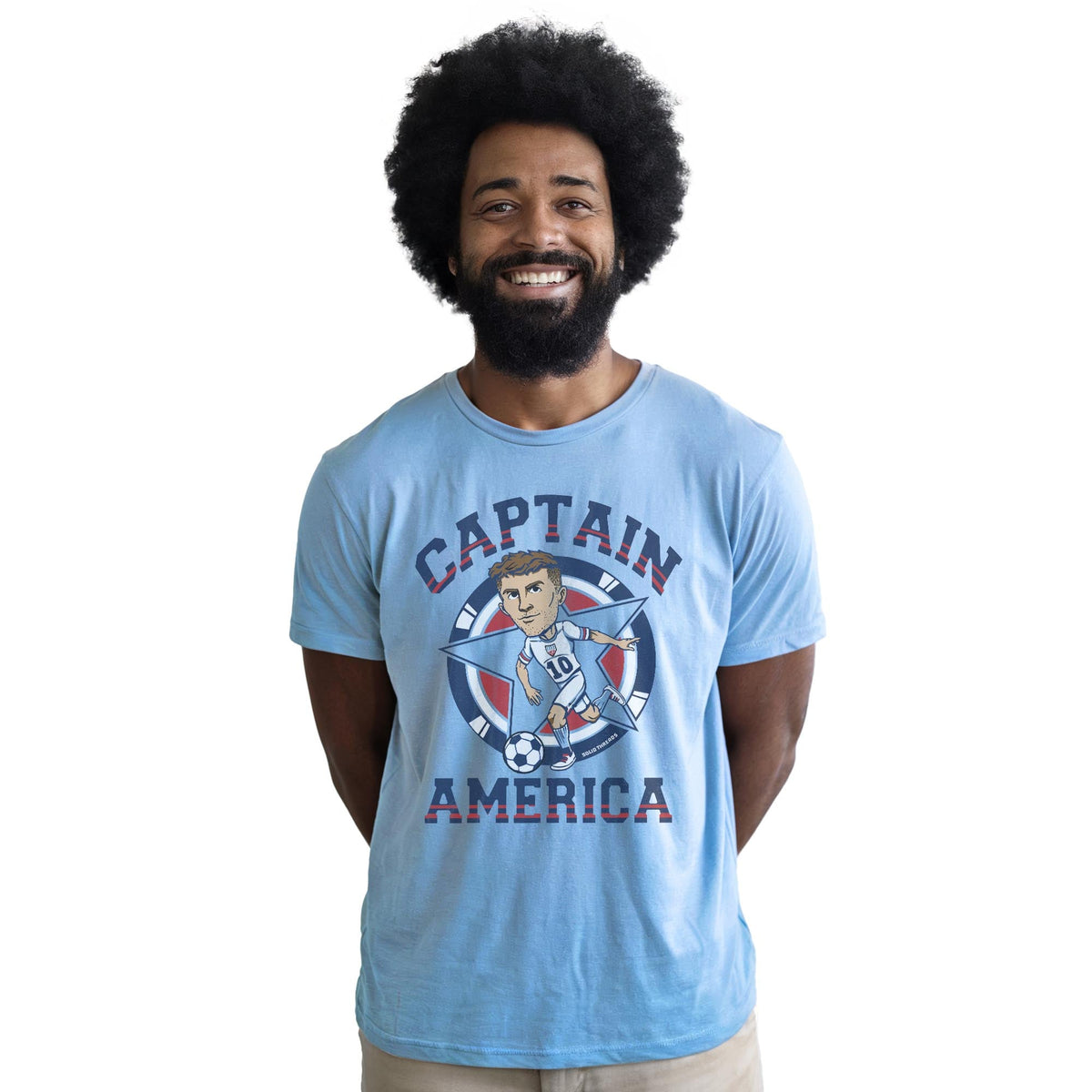 Captain America Soccer Cool Staple T-shirt in Light Blue Heather On Model - Front View
