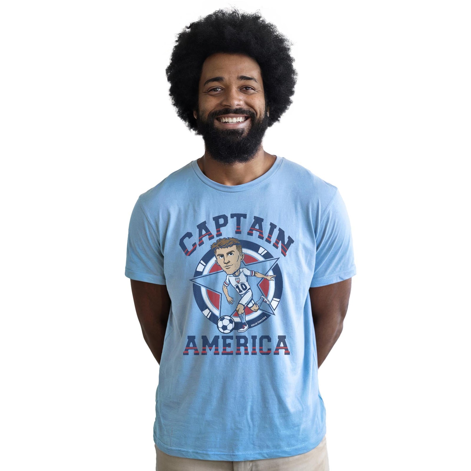 Captain America Soccer Cool Staple T-shirt in Light Blue Heather On Model - Front View