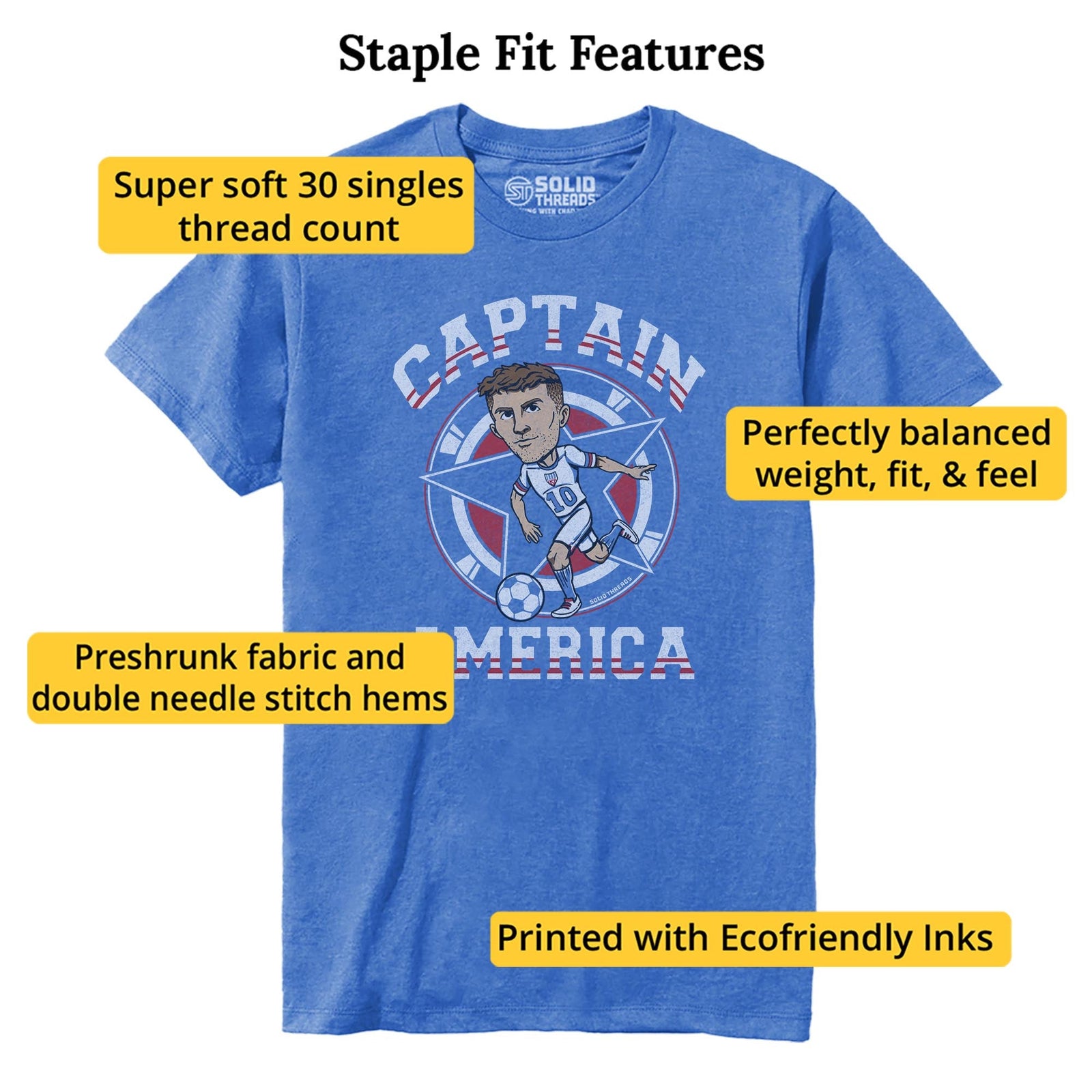 Captain America Soccer Cool Staple T-shirt in Royal Heather - Fit Attributes