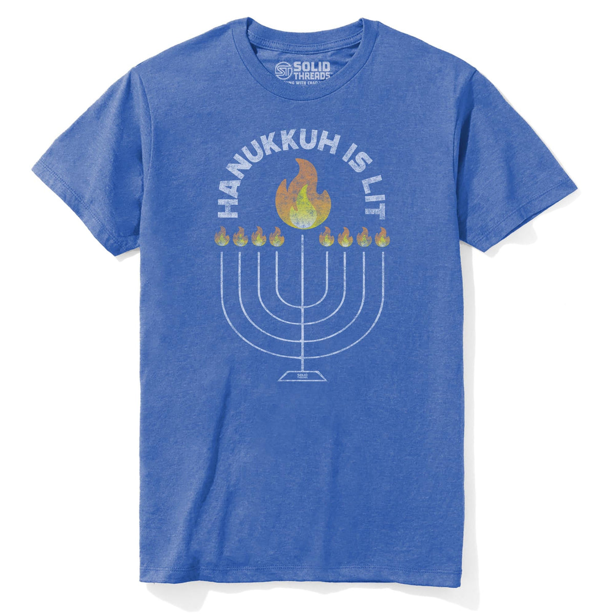 Hanukkah Is Lit Cool Staple T-shirt in Royal Heather - Front View