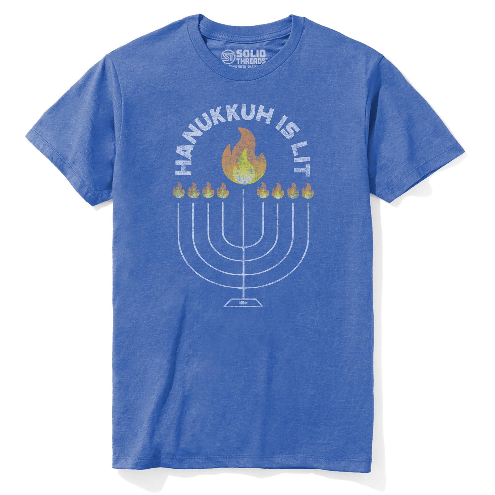Hanukkah Is Lit Cool Staple T-shirt in Royal Heather - Front View