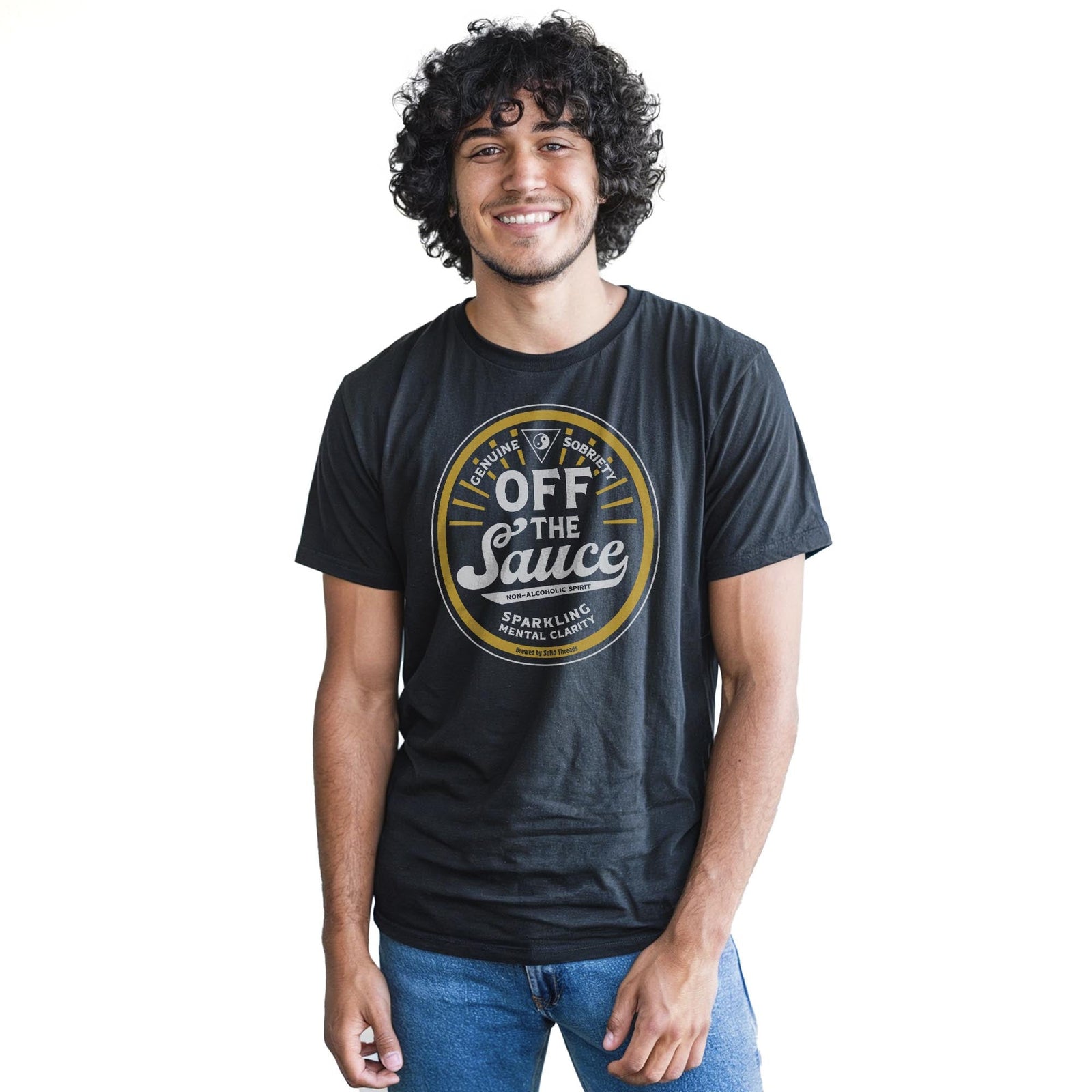 Off The Sauce | Supports Addiction Treatment Cool Staple T-shirt in Black On Model - Front View