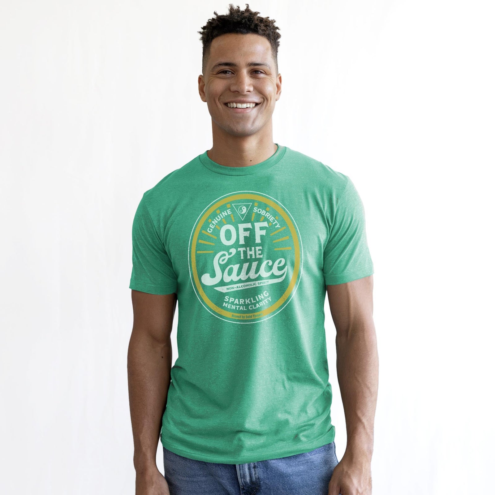 Off The Sauce | Supports Addiction Treatment Cool Staple T-shirt in Kelly Heather On Model - Front View