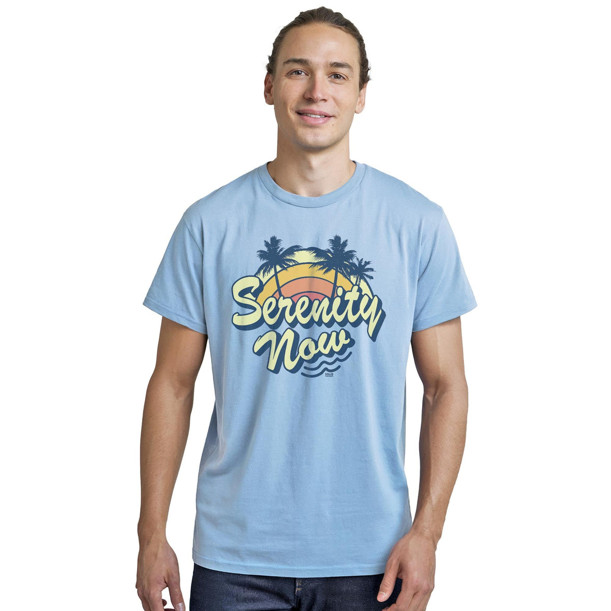 Serenity Now Cool Staple T-shirt in Light Blue Heather On Model - Front View