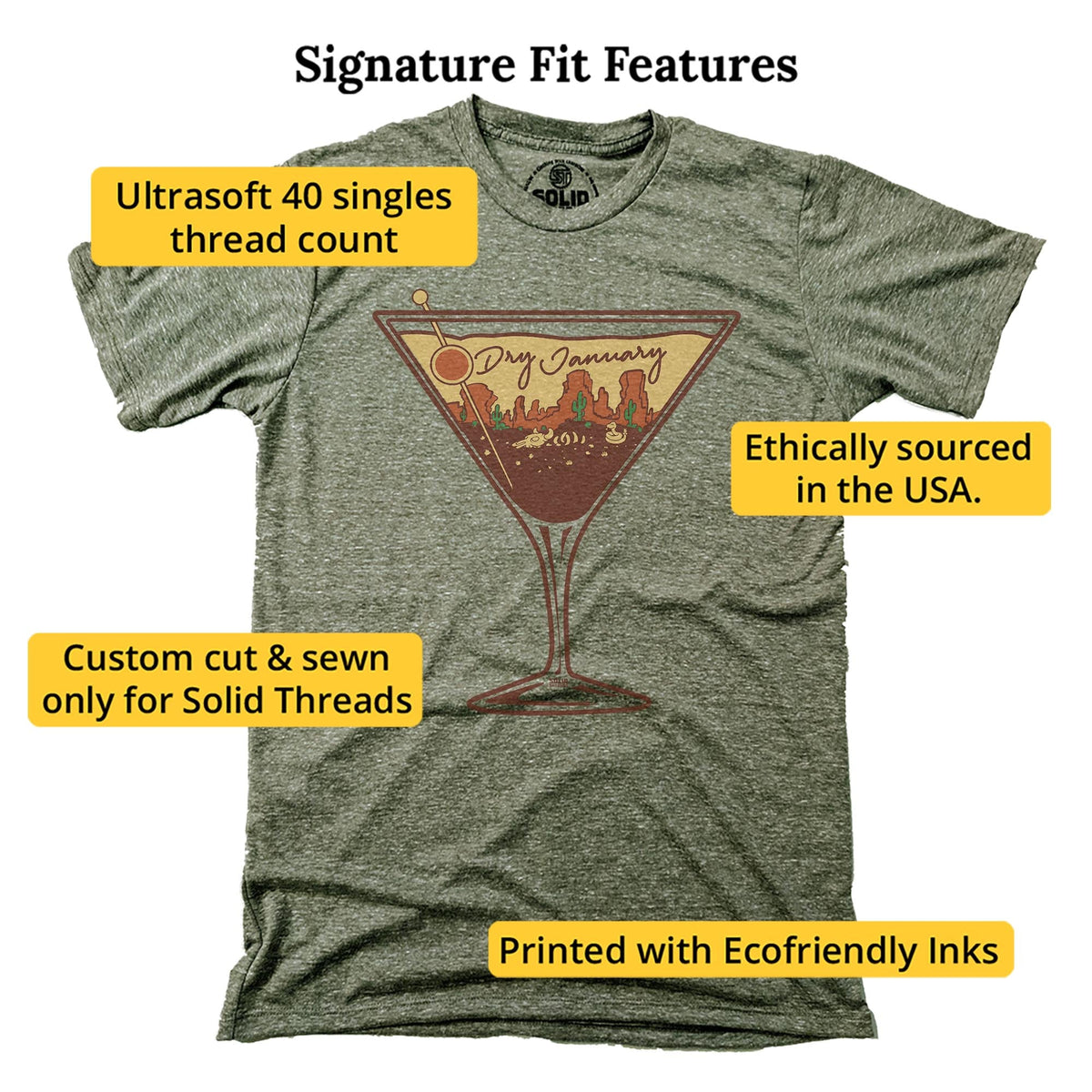 Dry January Vintage Signature T-shirt in Triblend Olive - Fit Attributes