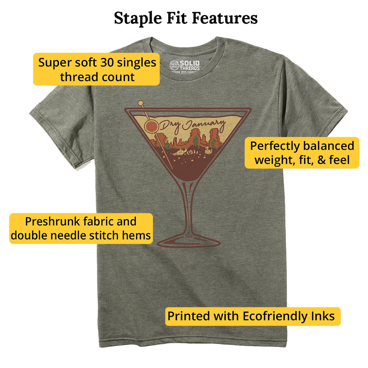 Dry January Vintage Staple T-shirt in Olive Heather - Fit Attributes