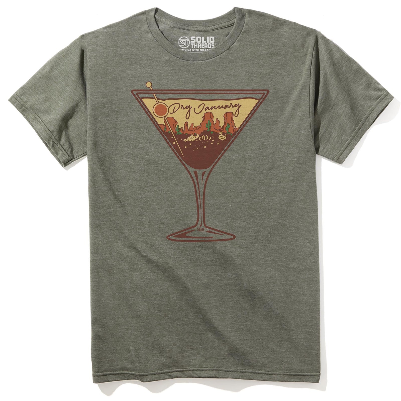 Dry January Vintage Staple T-shirt in Olive Heather - Front View