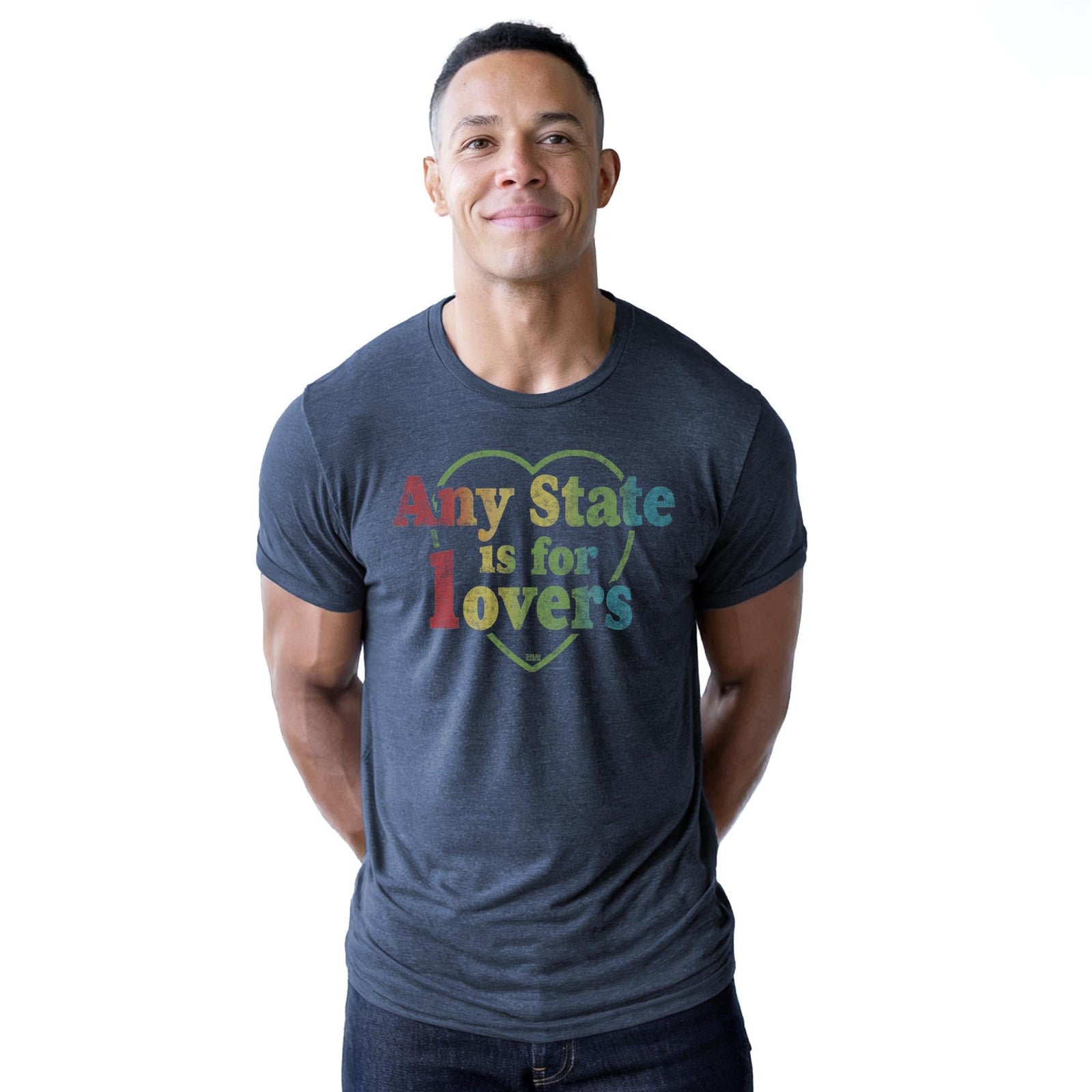 Any State Is For Lovers Staple T-shirt in Navy Heather On Model - Front View
