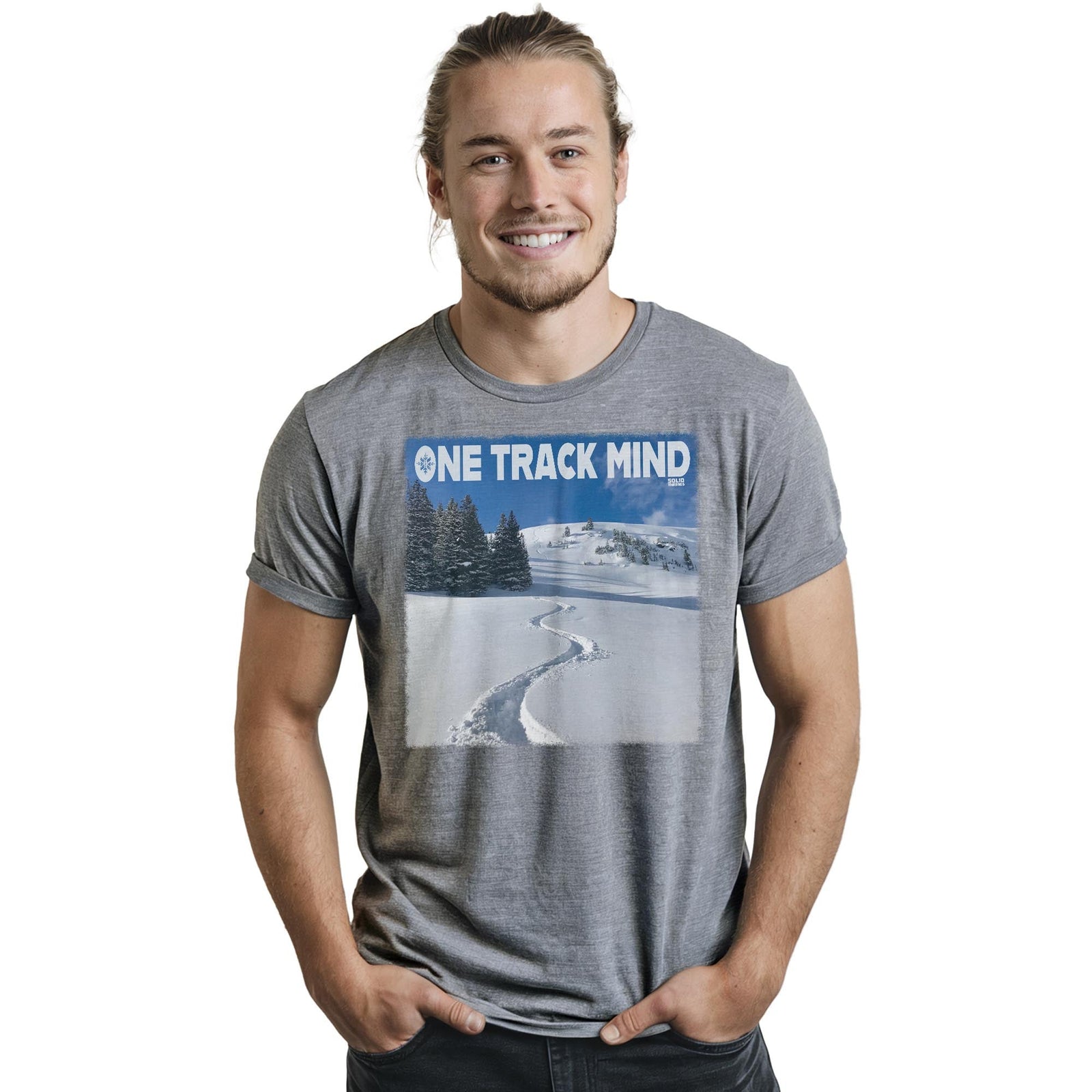 Mountains One Track Mind Cool Staple T-shirt in Ash Heather On Model - Front View