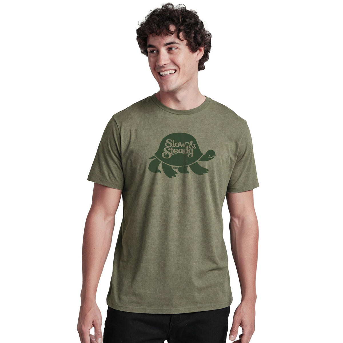 Slow And Steady Cool Staple T-shirt in Olive Heather On Model - Front View