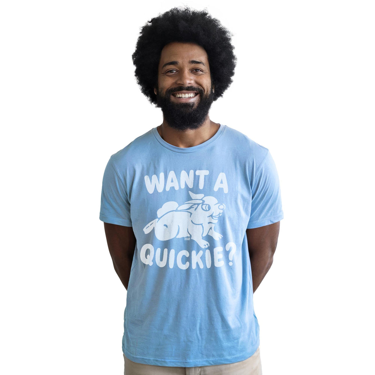 Want A Quickie Vintage Staple T-shirt in Light Blue Heather On Model - Front View