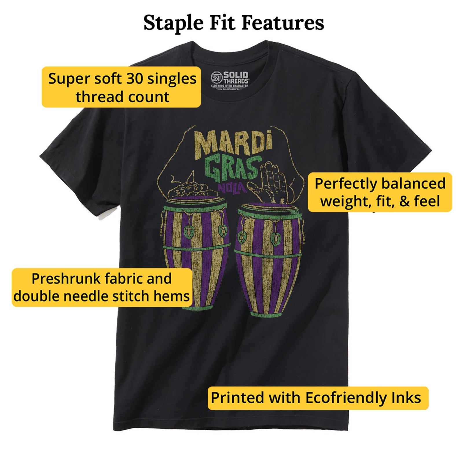 Mardi Gras Drums Cool Staple T-shirt in Black - Fit Attributes