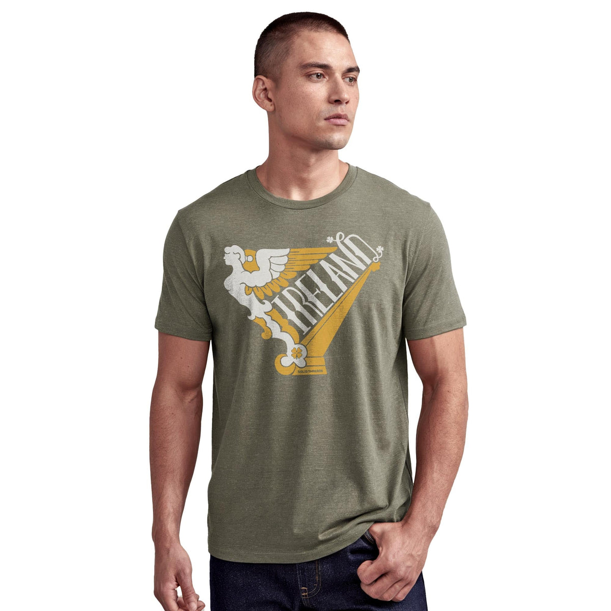 Ireland Harp Cool Staple T-shirt in Olive Heather On Model - Front View