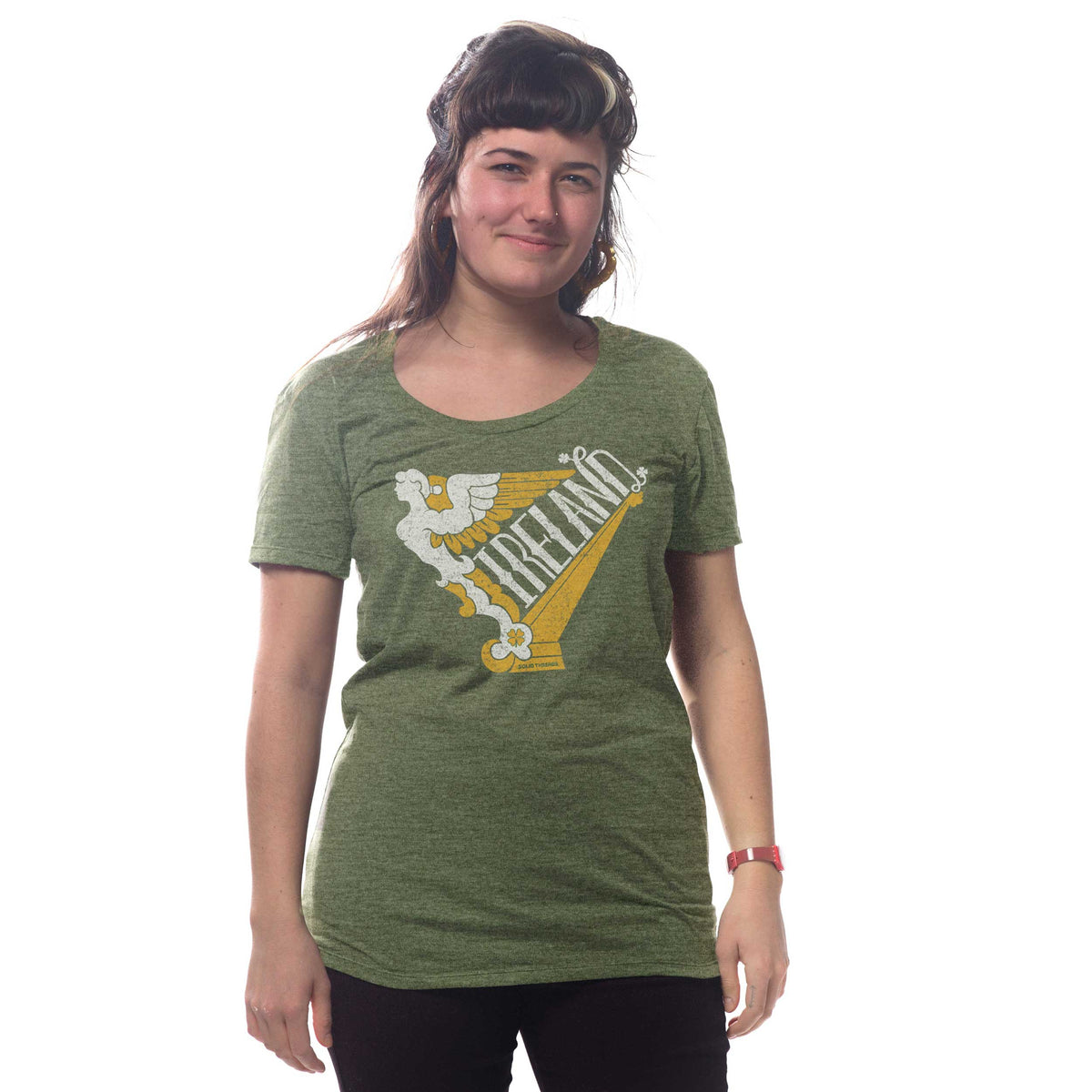 Women's Ireland Harp Vintage Graphic Tee | Retro St. Paddy's T-shirt on Model | Solid Threads