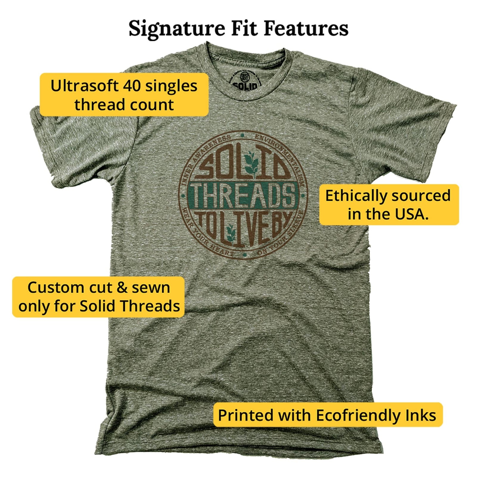 Solid Threads To Live By Vintage Signature T-shirt in Triblend Olive - Fit Attributes