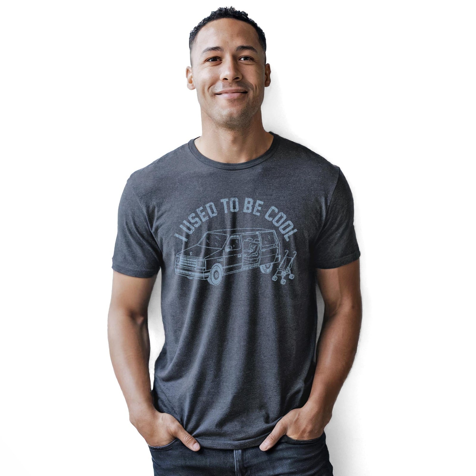I Was Cool Once Funny Staple T-shirt in Charcoal Heather On Model - Front View