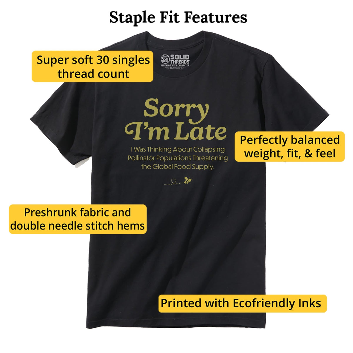 Sorry I'm Late I Was Thinking About The Global Food Supply Funny Staple T-shirt in Black - Fit Attributes
