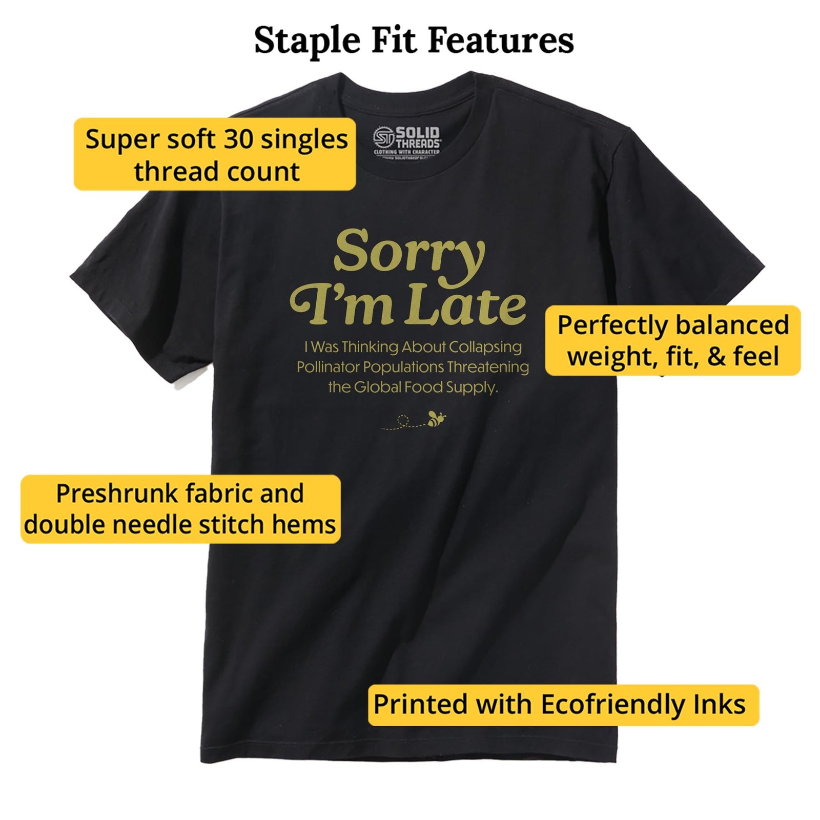 Sorry I'm Late I Was Thinking About The Global Food Supply Funny Staple T-shirt in Black - Fit Attributes
