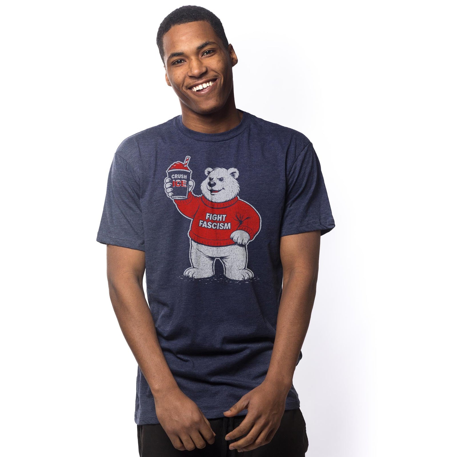 Fight Fascism Polar Bear Cool Signature T-shirt in Navy - Front View