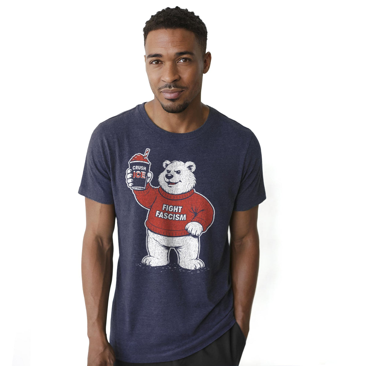 Fight Fascism Polar Bear Cool Usa-Made Signature T-Shirt in Navy On Model - Front View