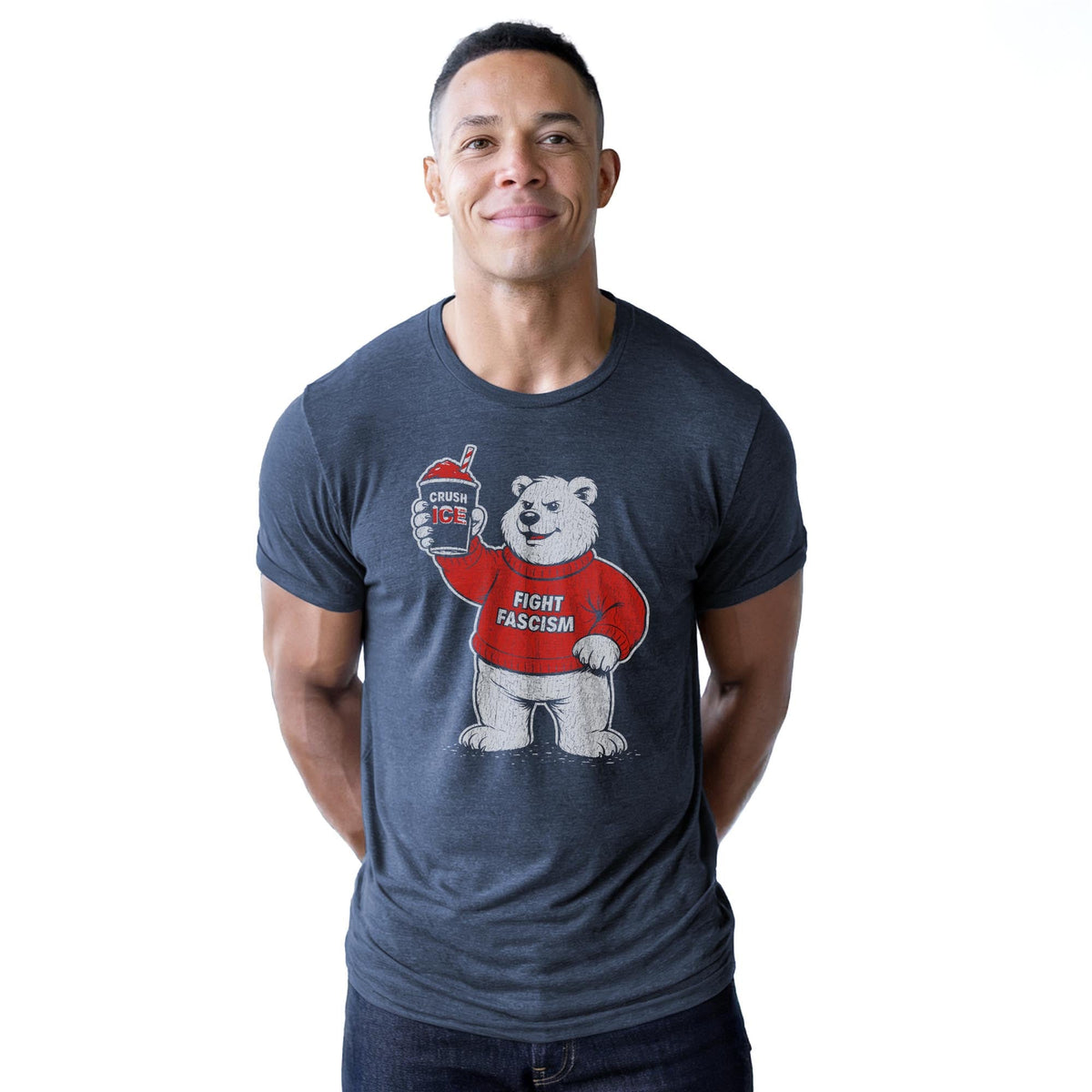 Fight Fascism Polar Bear Cool Staple T-shirt in Navy Heather On Model - Front View