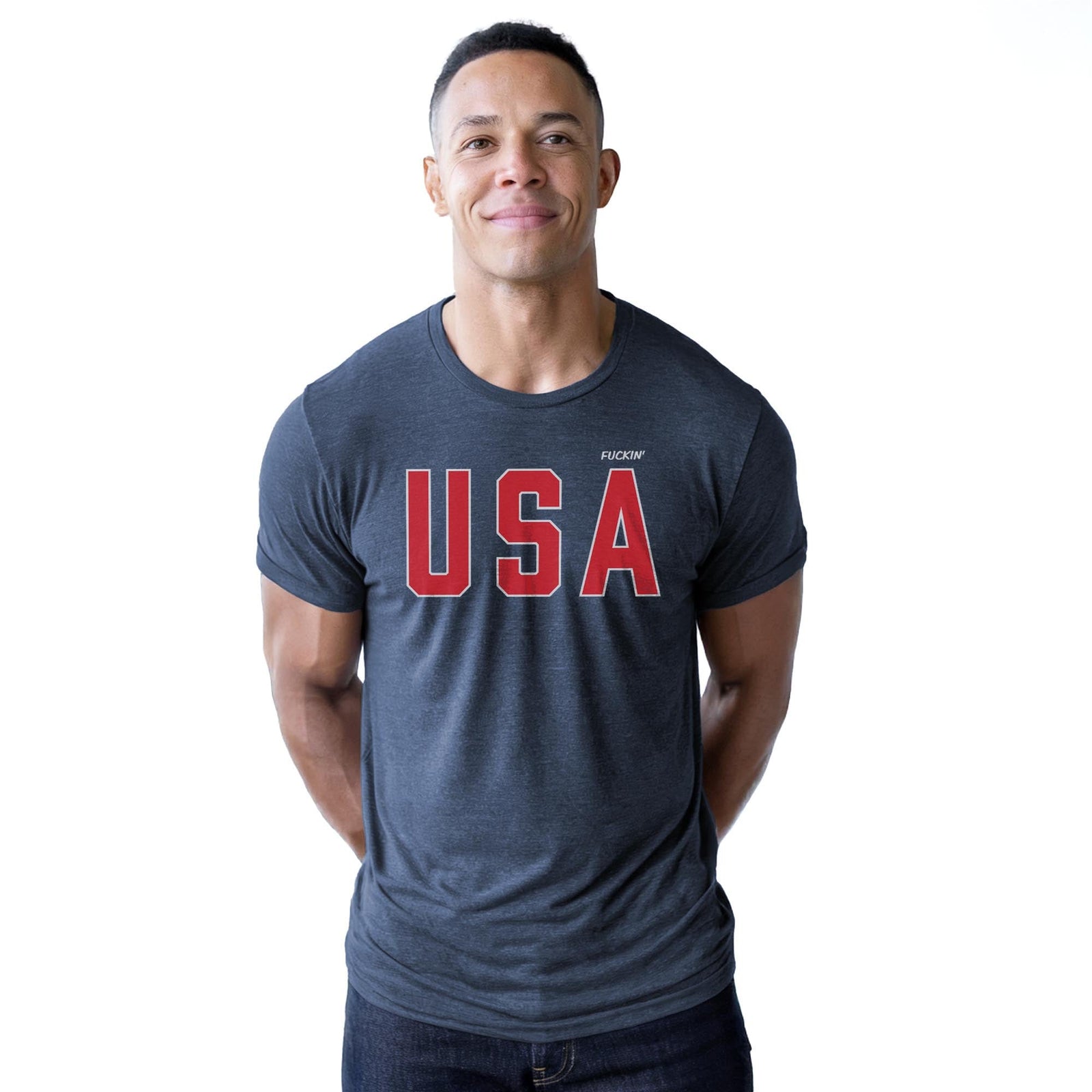 Us Fuckin’ A Funny Staple T-shirt in Navy Heather On Model - Front View