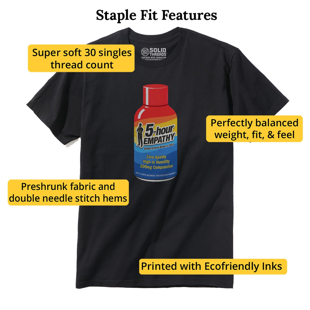 Five Hour Empathy Funny Staple T-shirt in Black - Fit Attributes