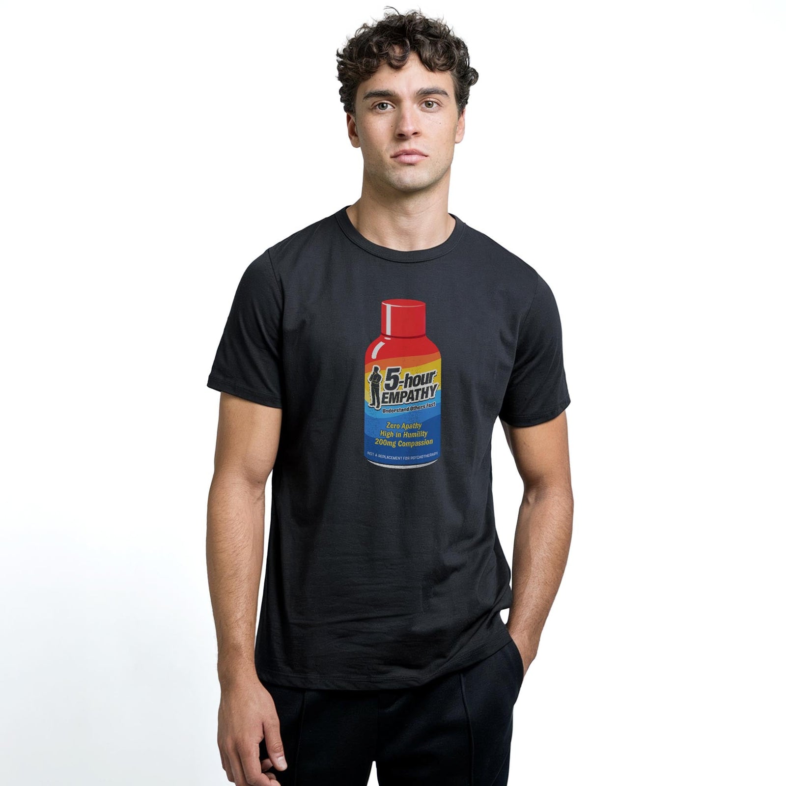 Five Hour Empathy Funny Staple T-shirt in Black On Model - Front View