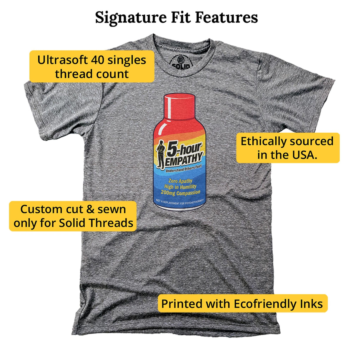 Five Hour Empathy Funny Signature T-shirt in Triblend Grey - Fit Attributes