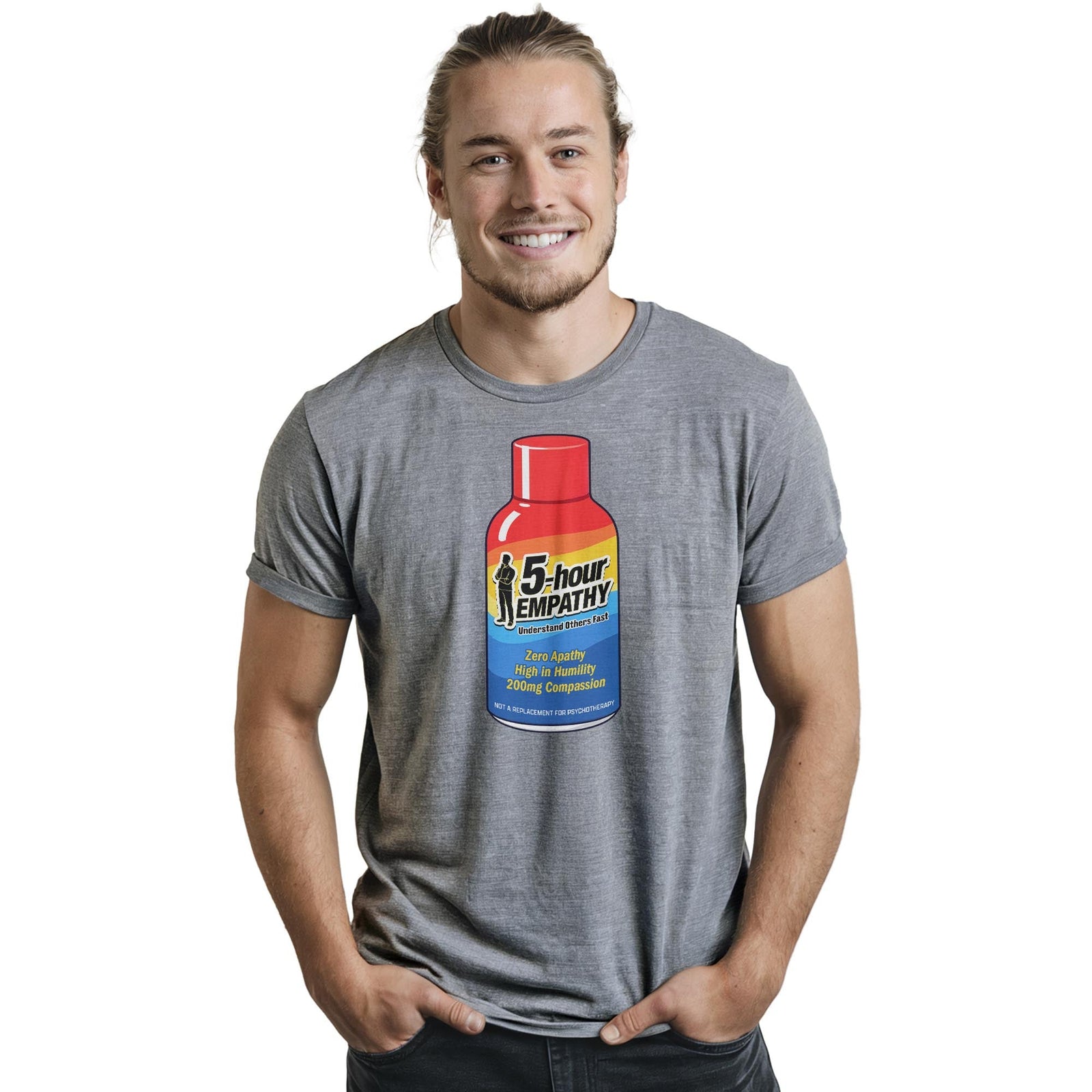 Five Hour Empathy Funny Staple T-shirt in Ash Heather On Model - Front View
