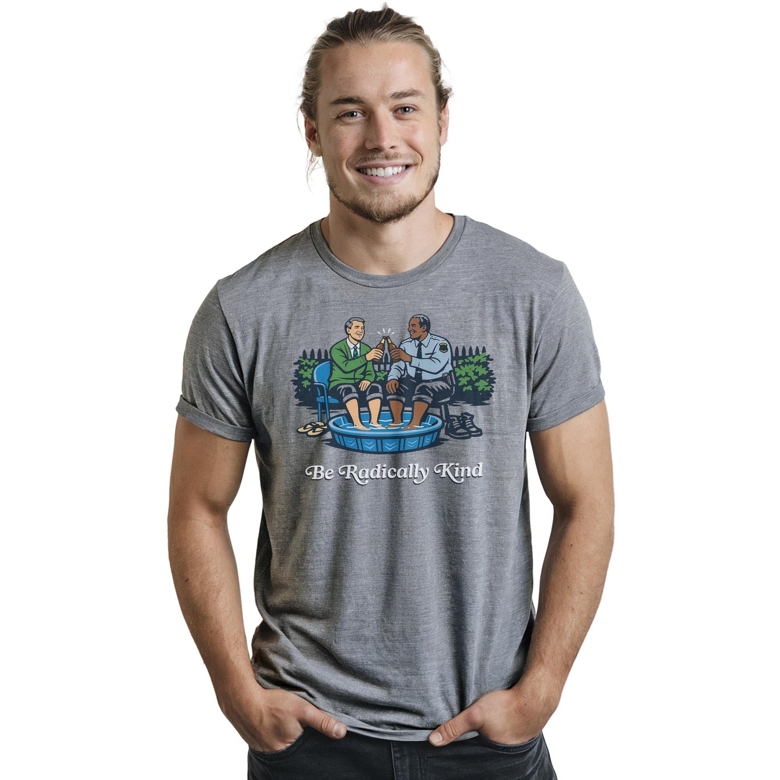 Be Radically Kind Cool Staple T-shirt in Ash Heather On Model - Front View