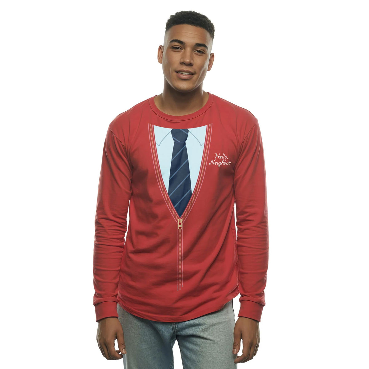 Hello Neighbor Sweater Vintage Lightweight Layer Staple Long Sleeve Tee in Red On Model - Front View