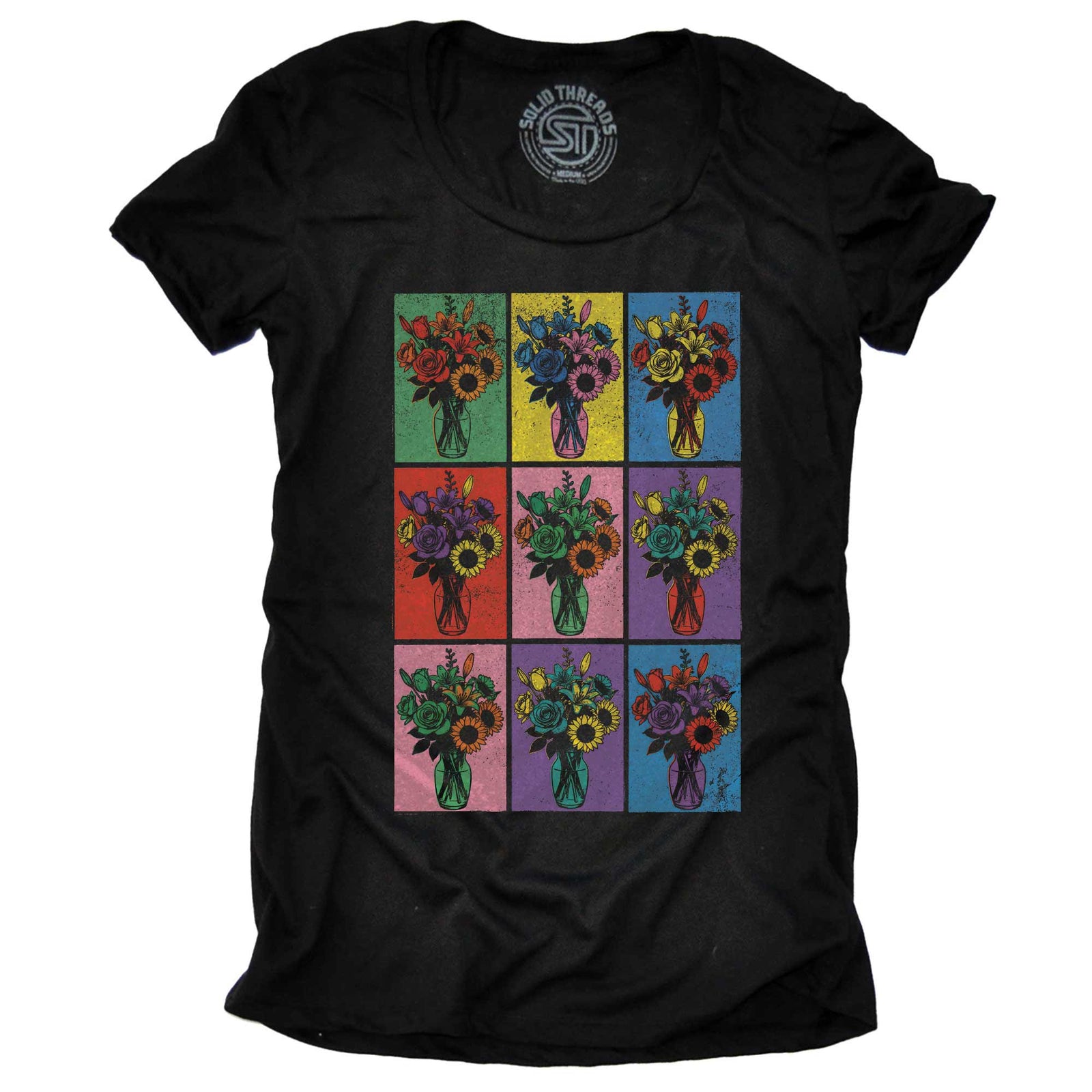 Pop Art Flowers Vintage Signature T-shirt in Black - Front View